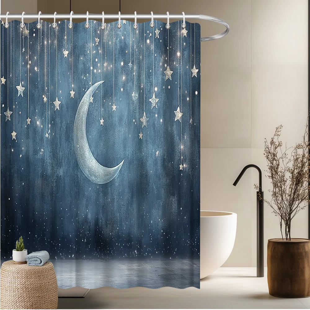

Night Sky Shower Curtain - Crescent Moon & Twinkling Stars, Blue & Grey Polyester, Fade-Resistant, Starry Bathroom Decor