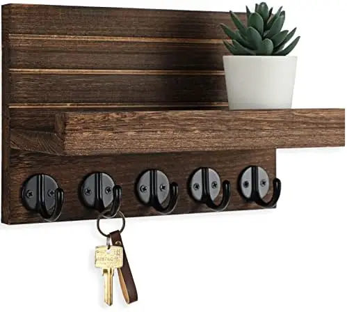 

Настенный держатель для ключей с полкой – Органайзер для ключей и почты из коричневого дерева павловнии – Большие крючки для пальто, сумок (9,8"x6,7")