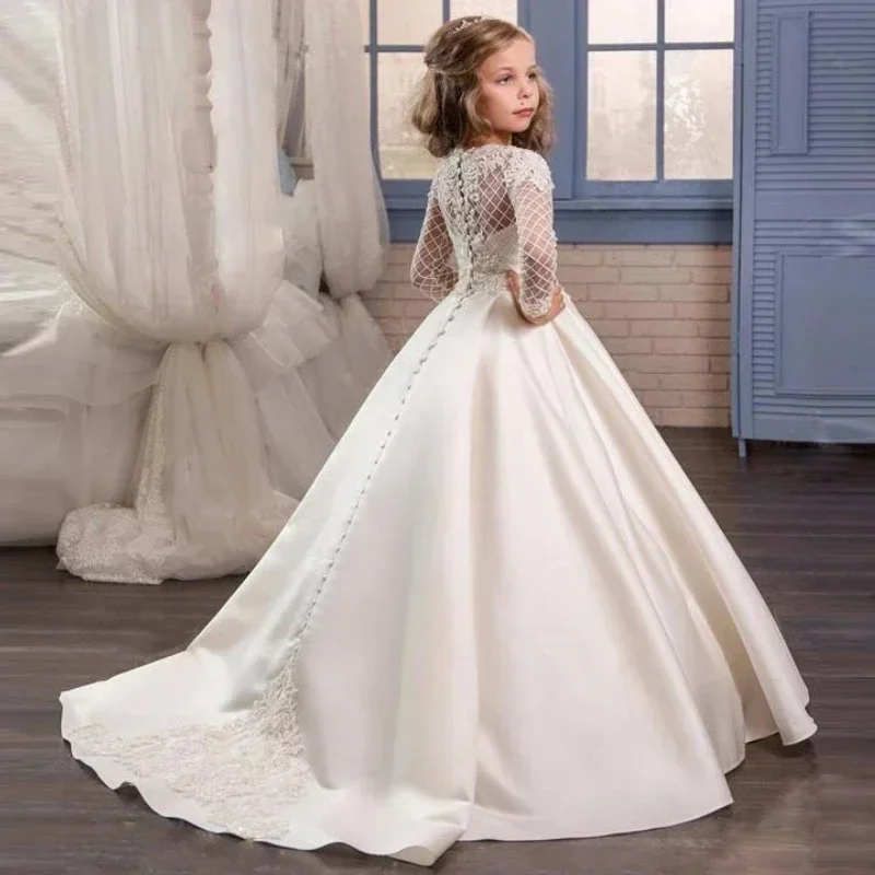 Vestidos da menina de flor branco cetim apliques padrão manga longa para festa de aniversário de casamento primeira comunhão vestidos de baile