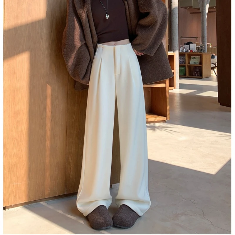 Alta qualidade cashmere calças de perna larga feminina outono inverno calças de cintura alta feminino casual streetwear calças de perna reta 2025