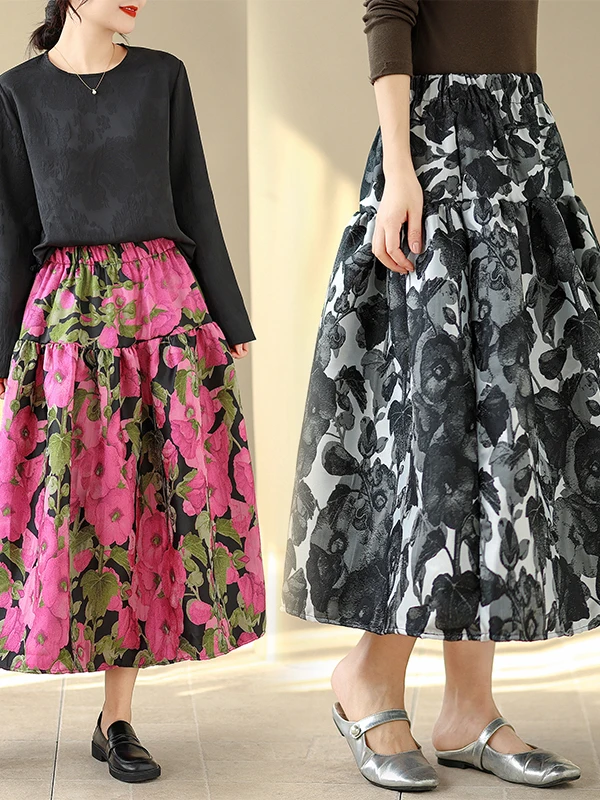 

Artistic Relief Embroidery Loose Women's Midi Skirt Faionable Versatile Korean Sle Commute Casual Pear ape Winter