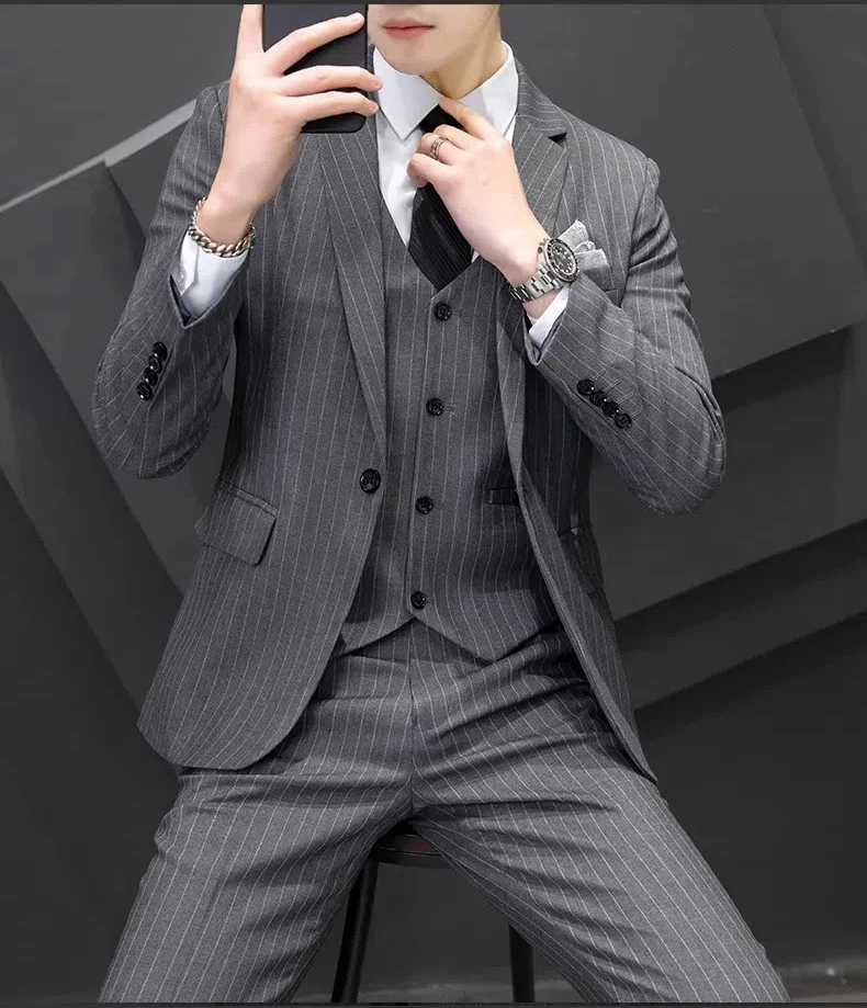 B-2228 Striped suit set for men, Korean version business slim fit dress, casual suit jacket