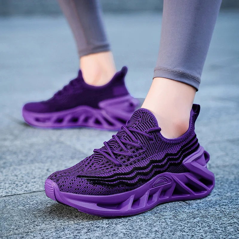 Fashion Purple Running Shoes Unisex Knit Breathable Platform Men's Casual Sneakers Outdoor Non-slip Lace-up Women's Sports Shoes