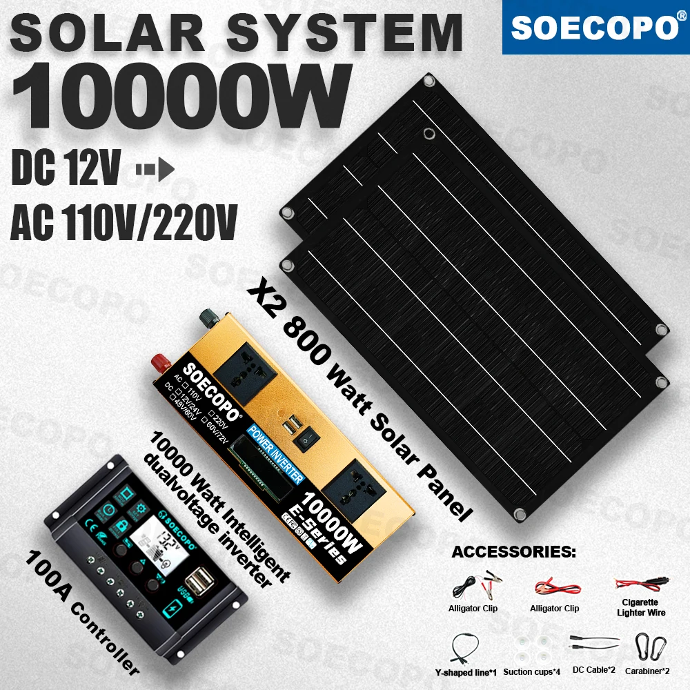 SOECOPO 10000W Peak Portable Solar Kit 2 Panels Controller 12V 24V To 110V 220V Inverter Rade 1100W for Adventures Emergency Use