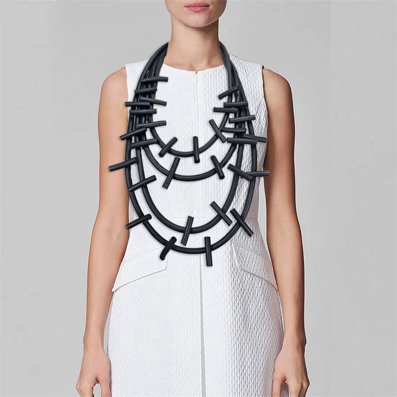 New Punk Neo-gothic Heavy Industry Multi-layer Geometric Design Black Rubber Chain Retro Ethnic Style Women Jewelry Necklace