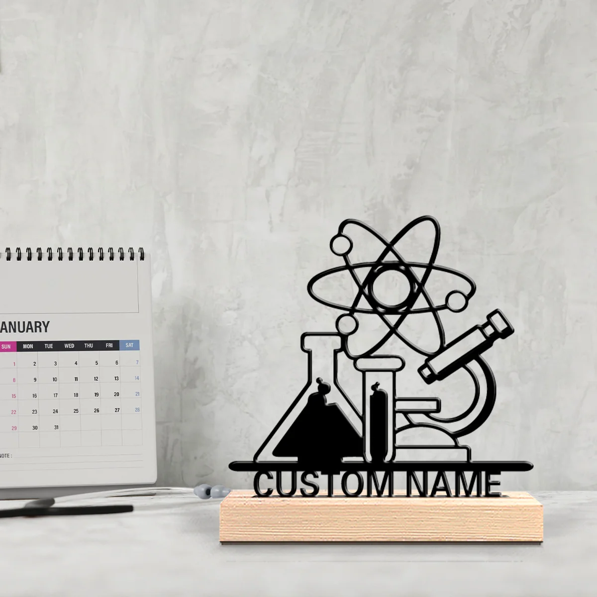 1pc Stylish Personalized Custom Chemistry Metal Statues Science-Themed Wooden Base Decor for Labs Classrooms Geeky Home