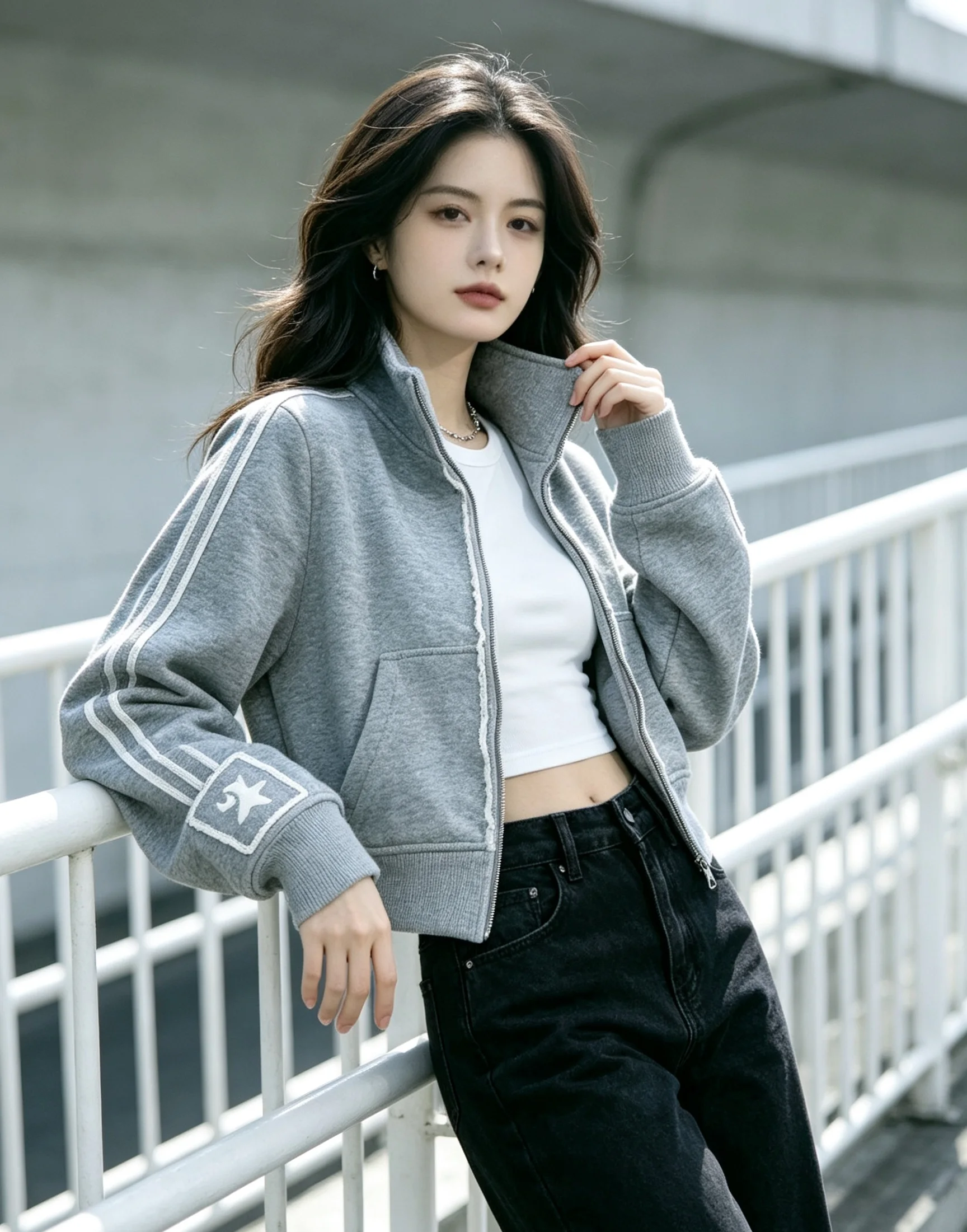 Y2K Vintage Raw Edge Cropped Zip Jacket Women Star Embroidery Stripe Sleeve Stand Collar Slim Fit Street Casual Coat