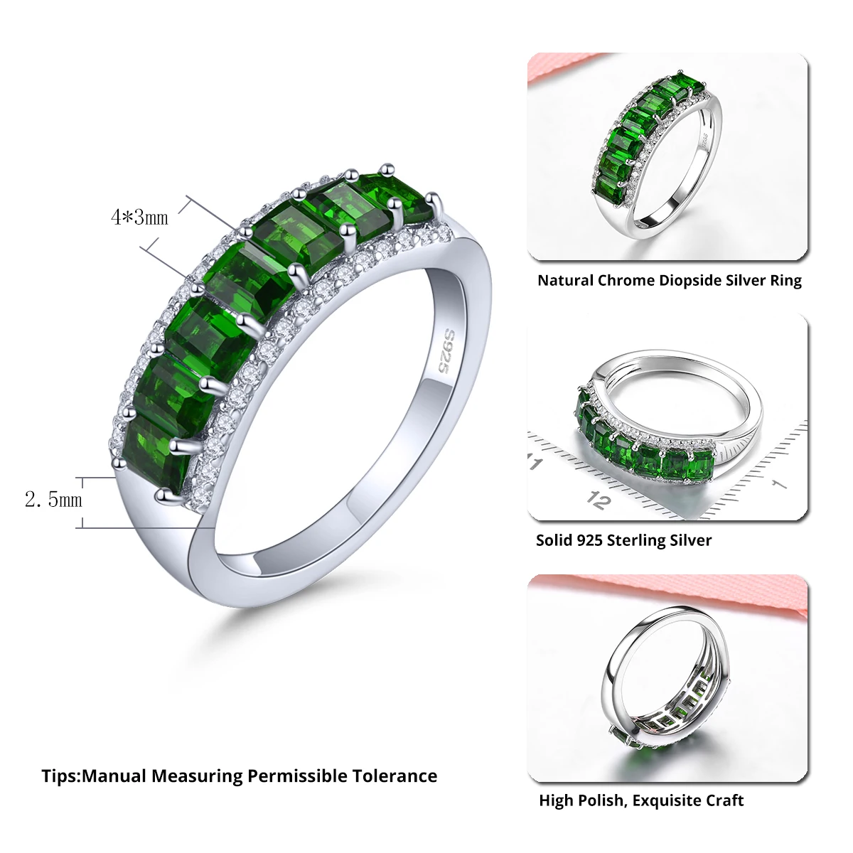 Natural Chrome Diopside Sterling Silver Rings 1.6 Carats Vivid Green Gemstone Women Elegant Style New Year Gifts Top Quality