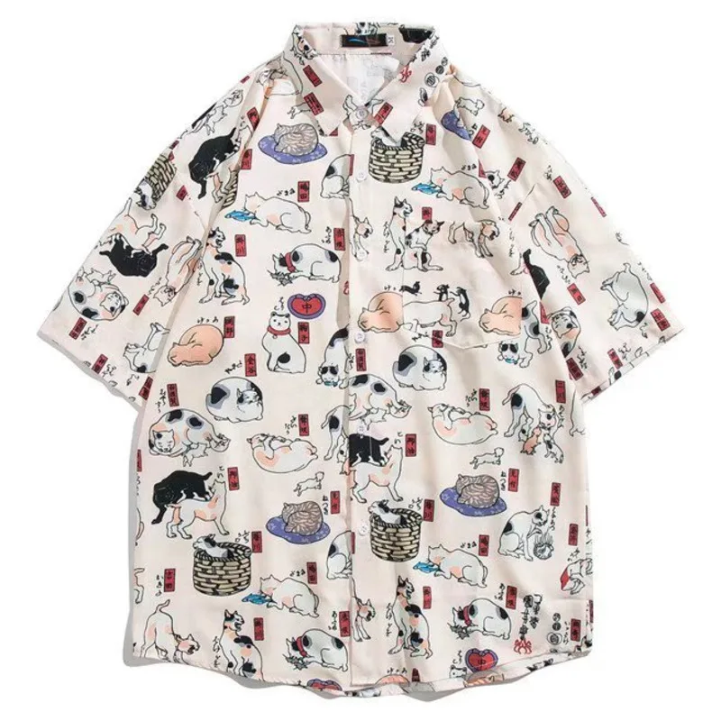 Summer Harajuku Cat Print Hawaiian Shirt Men Casual Loose Short Sleeve Vacation Beach Shirts Male All-Match Fashion Chemise