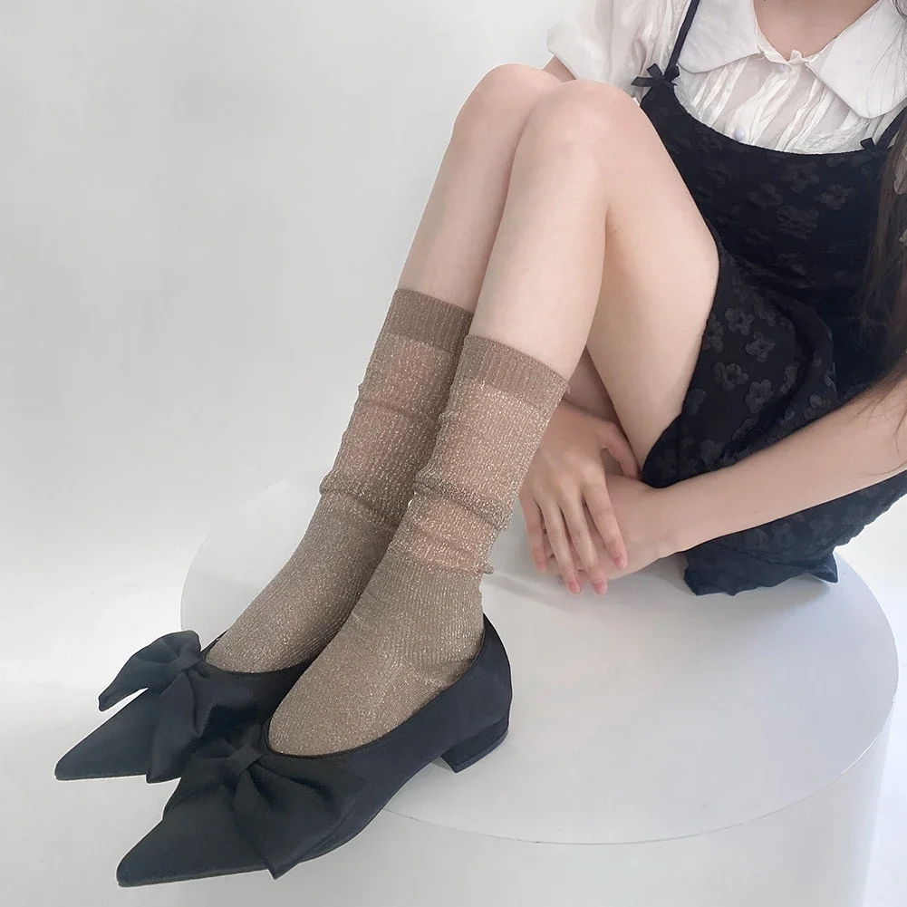 Women Socks Lolita Kawaii Nylon Breathable Summer Thin Silver Silk Socks Women Korean Fashion Solid Color Girls Loose Long Socks