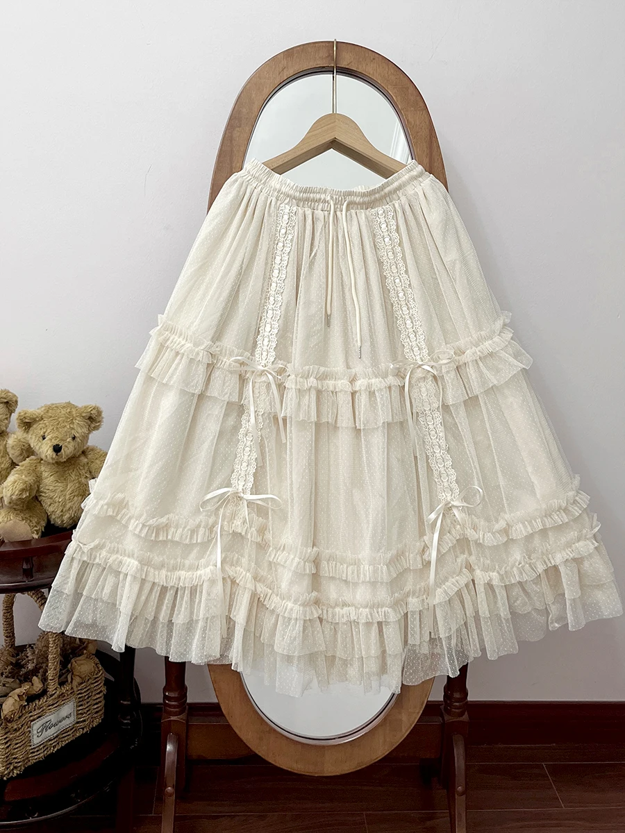 Lolita elegante saias estendidas não saia suporta emenda de renda cintura elástica babados redução de idade saias longas versáteis