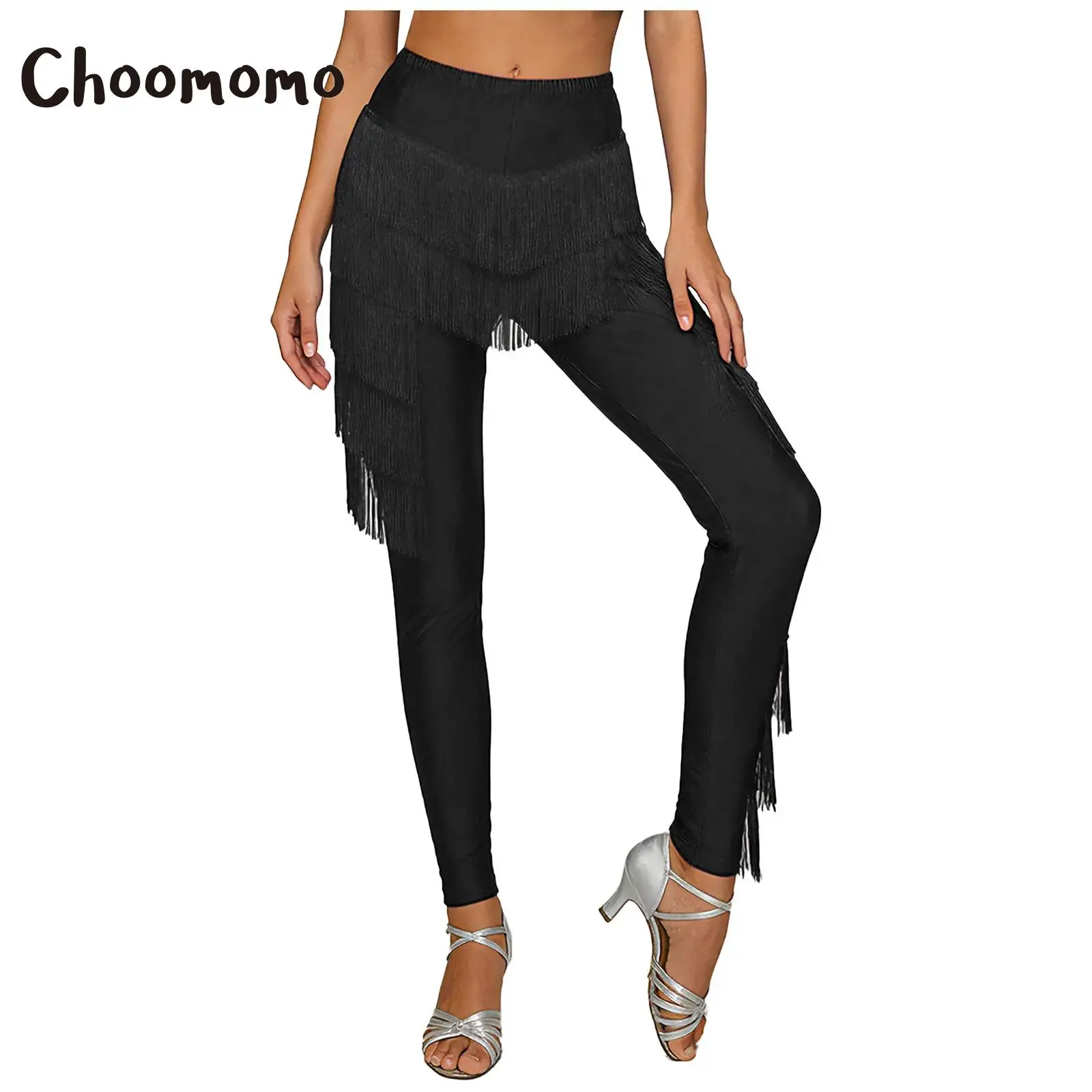 

Women Tango Cha-cha Dance Performance Costume Elastic Waistband Fringe Latin Dance Long Pants Tiered Tassel Leggings Trousers