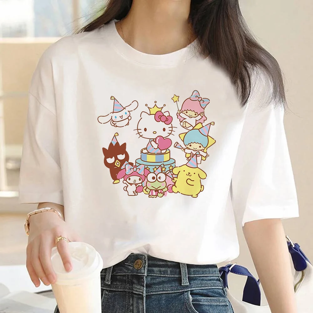 

T-Shirt Sanrio Hello Kitty Cinnamoroll Melody Print Cotton Women Fashion Casual Tops O Neck Short Sleeve Tees Summer Girl Tshirt