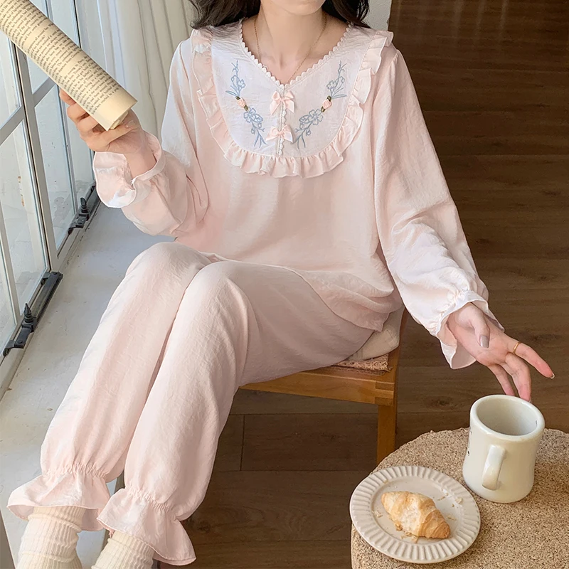 Autumn Women\'s Pajamas Sets Long Sleeve V-Neck Top Tee Button Down Elastic Waist Trousers Home Suit Spring Loungewear Sleepwear