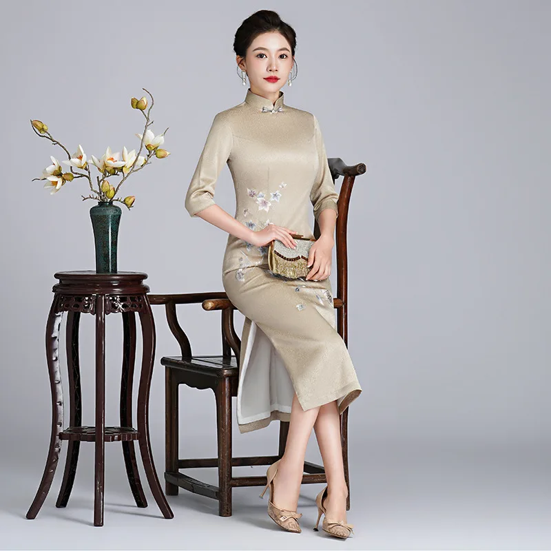 Yourqipao Champagne Chinese Borduurwerk Cheongsam Traditionele Avondjurken 2023 Moeder Van De Bruid Jurk Bruidsfeest Jurken