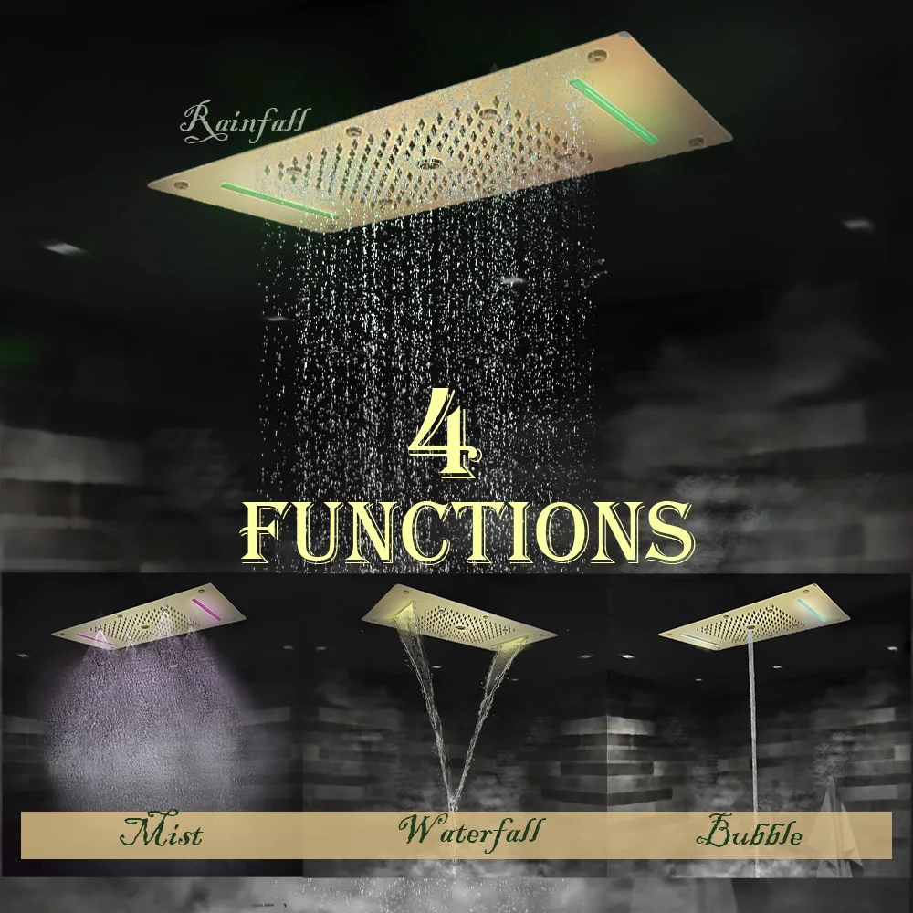 

Luxury Brushed Gold LED Ceiling Shower Head 700x380mm Bathroom Embedded Golden Massage Rainfall Waterfall Bubble Misty Shower