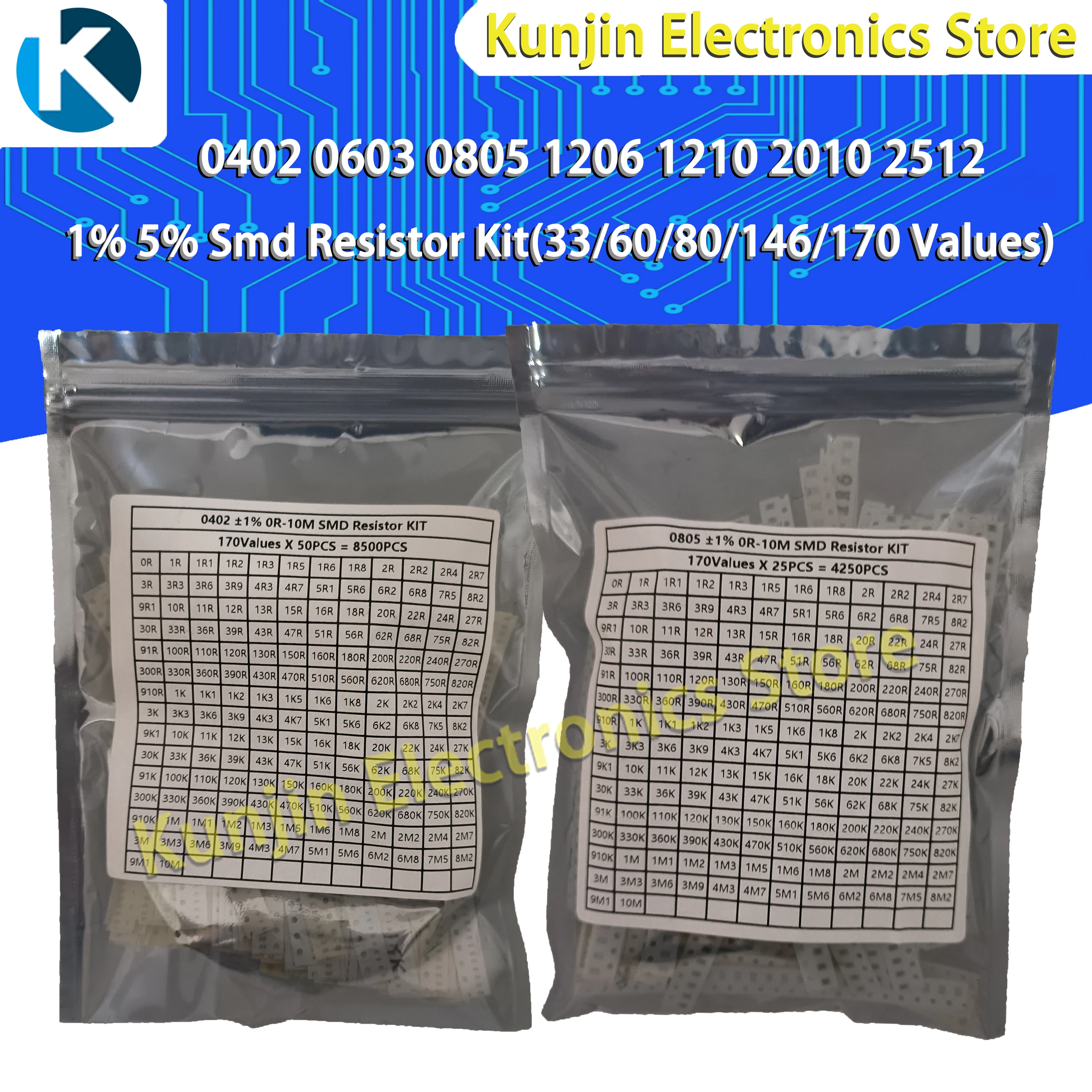 SMD Resistor Kit,0402,0603,0805,1206,1210,2512,0 ohm - 10M ohm,1%,5%,Assorted Kit