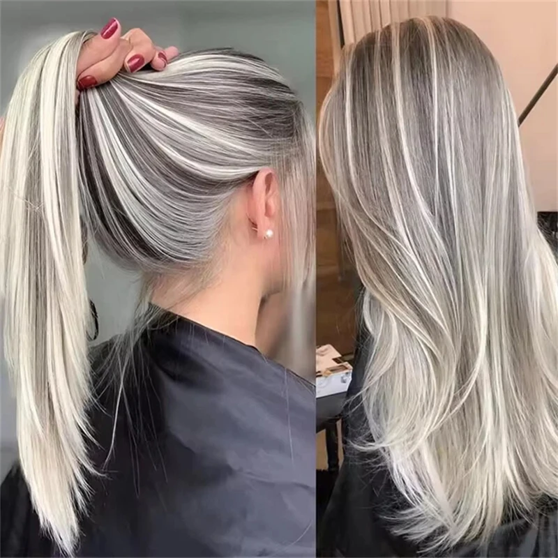 أومبير الرماد البلاتين شقراء شفافة الدانتيل شعر مستعار أمامي يسلط الضوء على 13x4 طويل مستقيم بوب أومبير اللون الألياف الاصطناعية الباروكات 28 بوصة #5