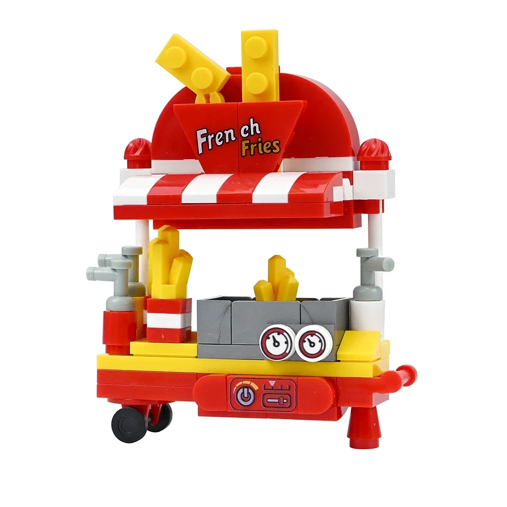MOC Architektur Straßenverkauf Französische Pommes Frites Snack-Wagen Bausteine Mini-Imbisswagen Ziegel Spielzeug Schreibtisch-Desktop-Dekoration – Detail 4