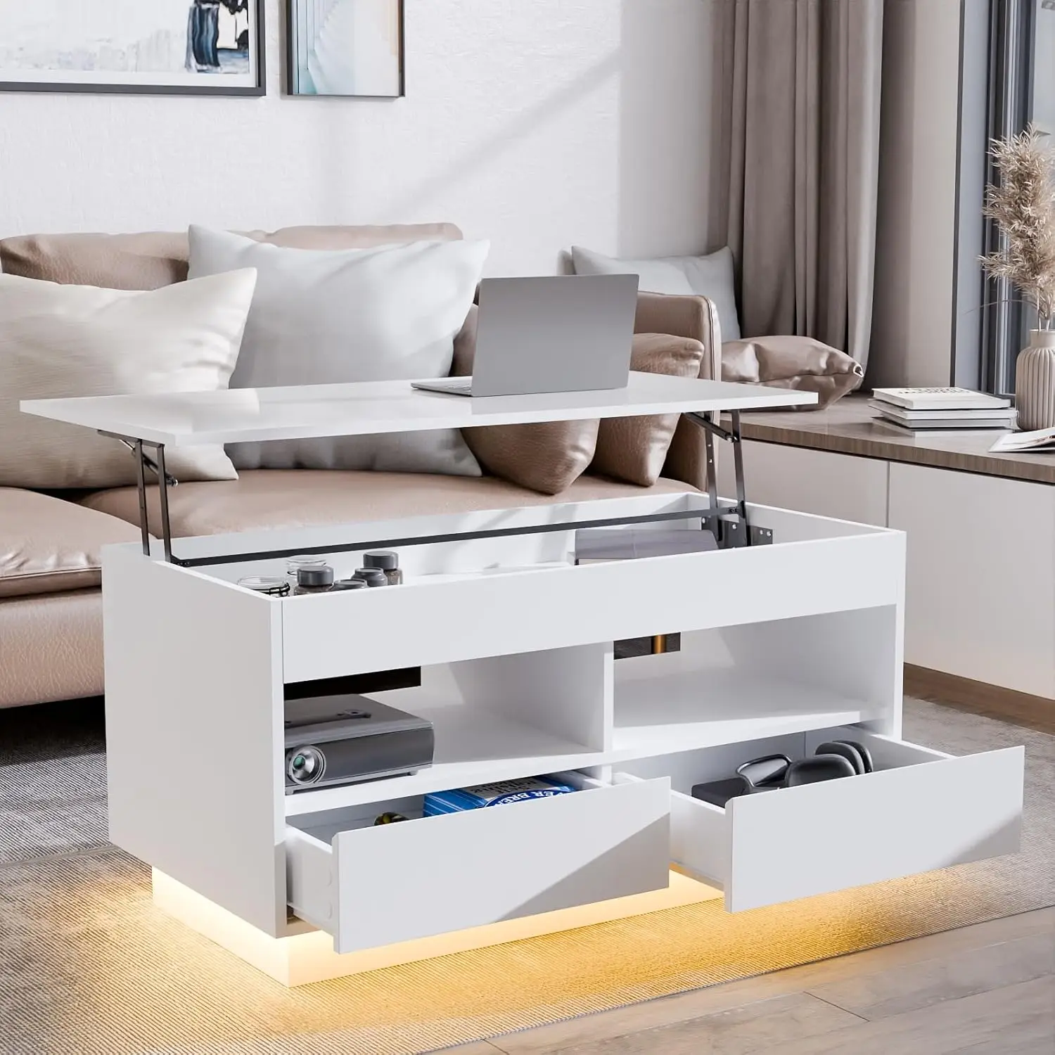 Compartiment GNE et 2 égouts de proximité et 2 étagères ouvertes, table basse LED avec plateau élévateur, table basse moderne avec rangement, blanc brillant