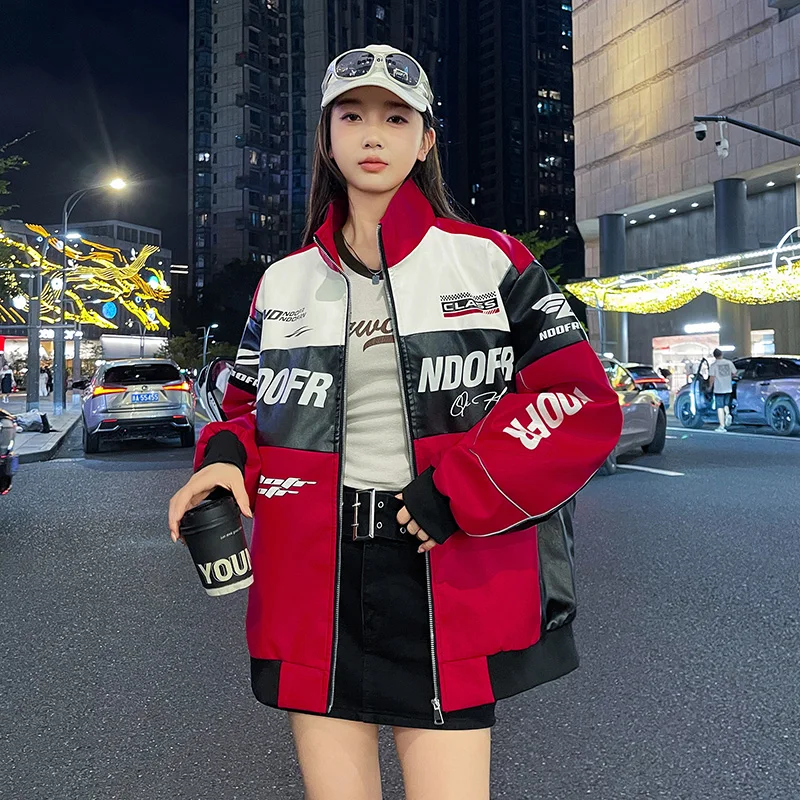 Men's Leather Clothing Autumn Winter New Color Block Trend Alphabet Print Outdoor Travel Stand Collar Coat Men PU Leather Jacket - Image 3