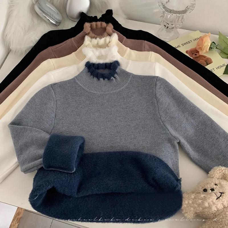 

MEXZT Fleece Sweater Women Fashion Half Turtleneck Black Knitted Pullovers Harajuku Korean Knitwears Winter Long Sleeve Jumpers