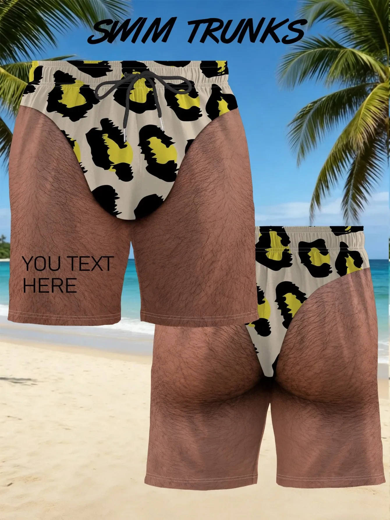 Men Funny Fake Thong Visual Print Beach Shorts Rainbow Gradient Leopard Pattern Novelty Prank Swim Trunks