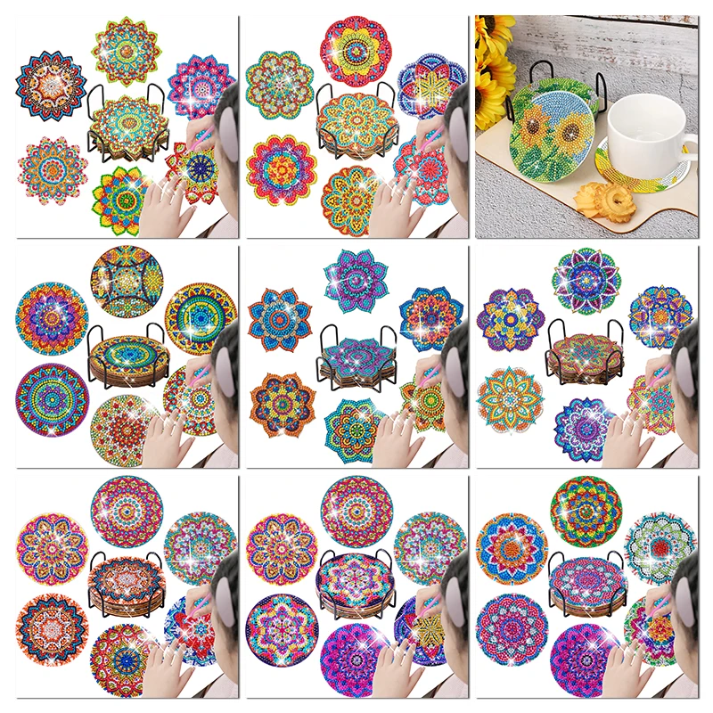 

6 Pcs Diamond Painting Coasters with Holder DIY Mandala Coasters Diamond Art Kits for Beginners Adults & Kids Craft Supplies