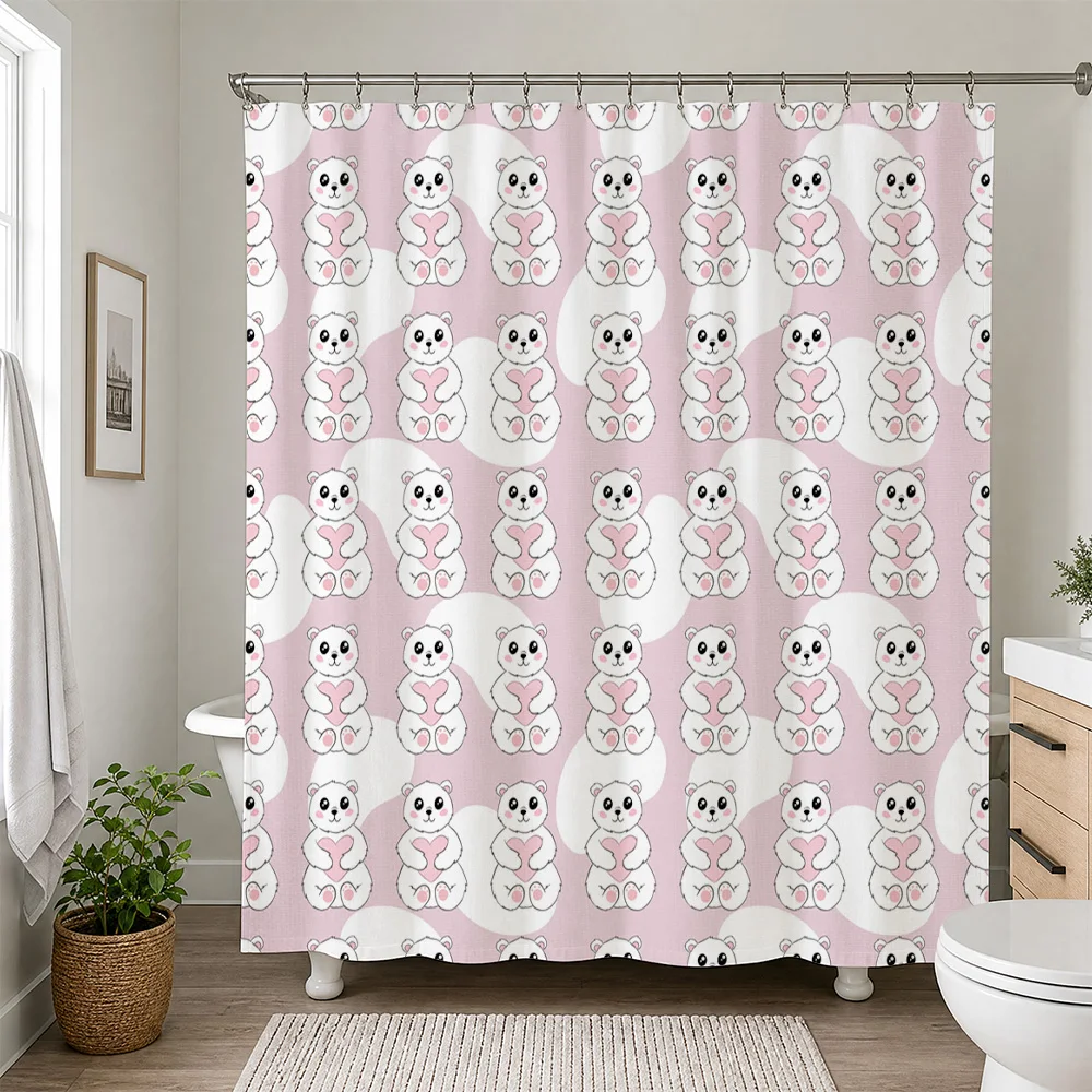 Adorable Panda Print Shower Curtain Pink Waterproof Bathroom Shower Liner Cute Kawaii Animal Decor Nursery Kids Bathroom Liners
