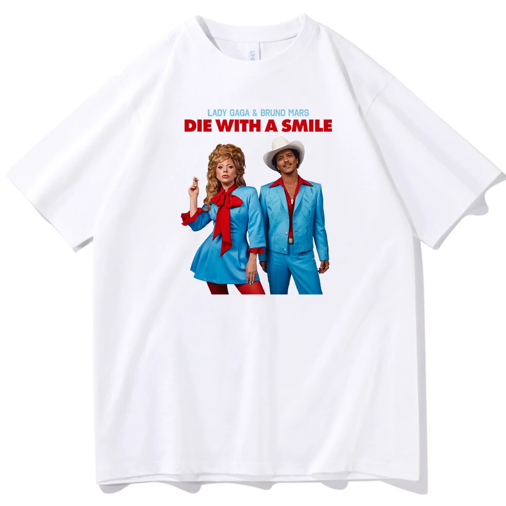 Lady Gaga Bruno Mars Die With A Smile T-shirt O-Neck Short Sleeve Shirts Fans Gift