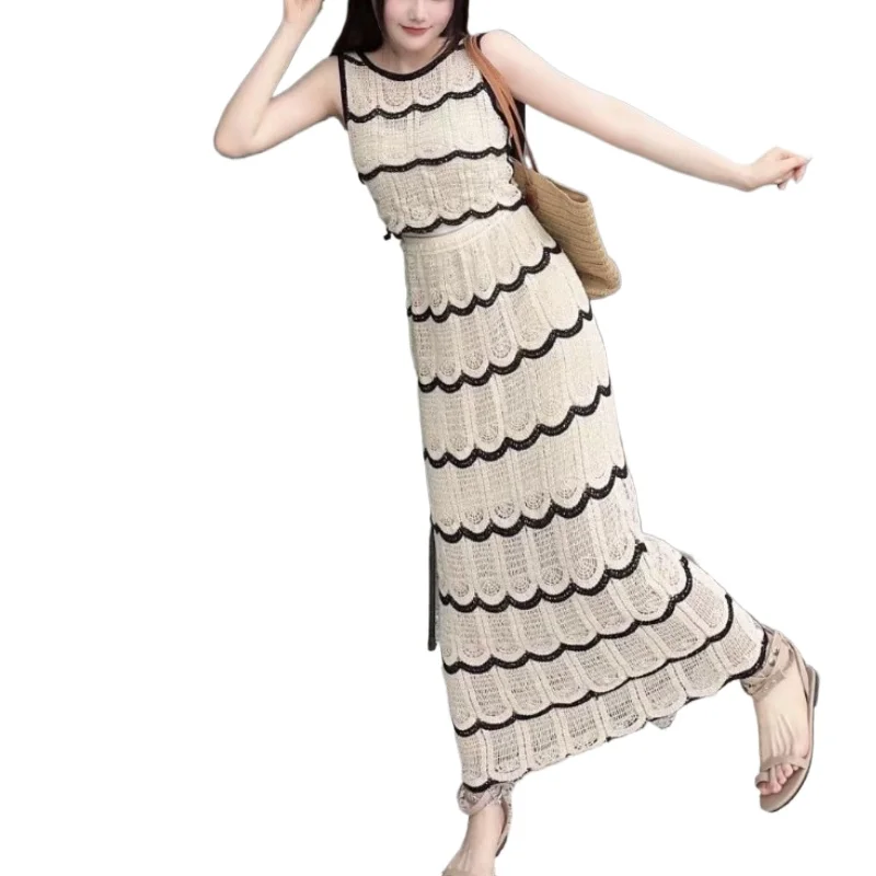보헤미안 휴일 바람 파도 패턴 후크 꽃 중공 대비 니트 조끼 여성 높은 허리 A 자형 스커트 투피스 양복
