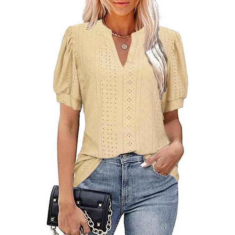 Spring/Summer Leisure V-neck Solid Color Hollow Bubble Sleeves Loose T-shirt