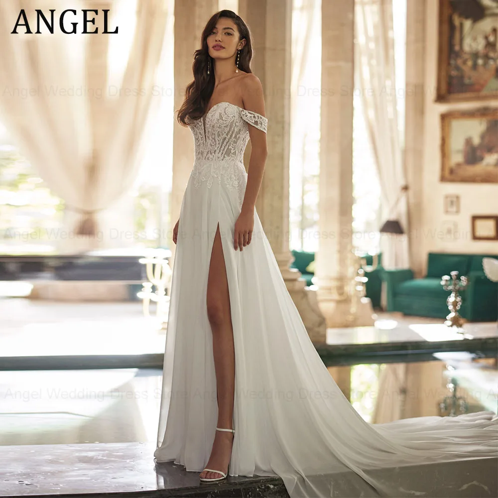 

ANGEL Lace Wedding Dresses for Women 2024 A-Line Off the Shoulder Bridal Gowns Sequin Front Split Zipper Vestido de Novias Boda