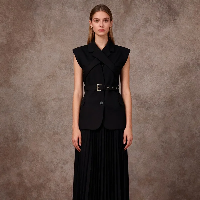 Sleeveless Notched Lapel Belt Regular Length Japanese Korean Casual Women Vest with Elegant Regular Fit Patchwork No Hood Summer