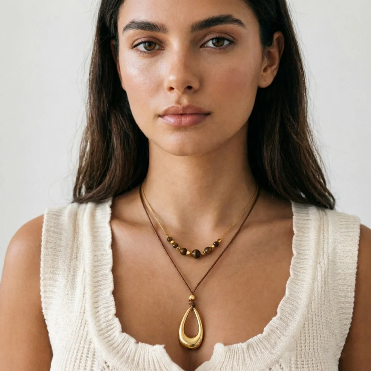 Vintage Einfache Tigerauge-Stein Wassertropfen-Anhänger Halskette für Frauen Männer Hohle Geometrische Tropfenform Lederseil Choker Schmuck – Detail 17