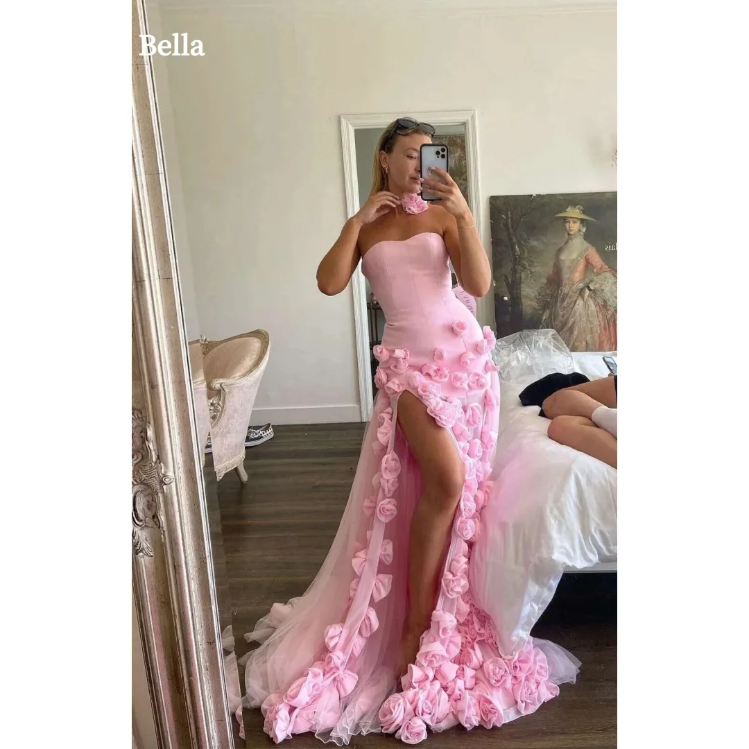 

Bella Customize Pink 3D Flowers Side Slit Strapless Backless robes de soirée Floor-Length Prom Dresses Mermaid Wedding Dress