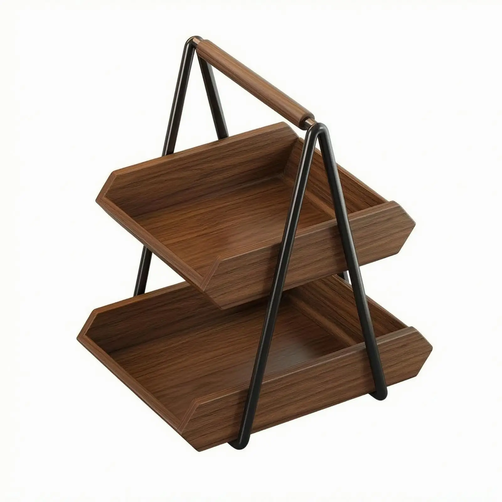 Industrial Tray Storage Rack Two Tier Wooden Tabletop Organizer with Handle for Kitchen Counter Snack Display Shelf