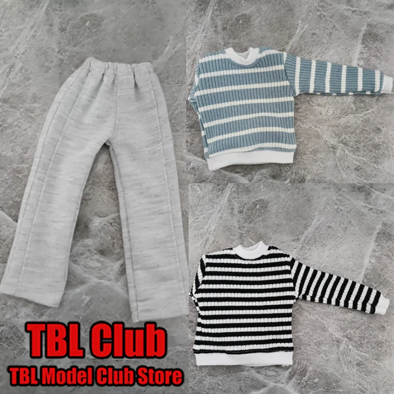 1/6 Scale Male Clothes Striped ‌Mock-neck Rib-trimmed H-line Sweatshirt Grey Wide-leg Trousers For 12-inch Action Figure Soldier