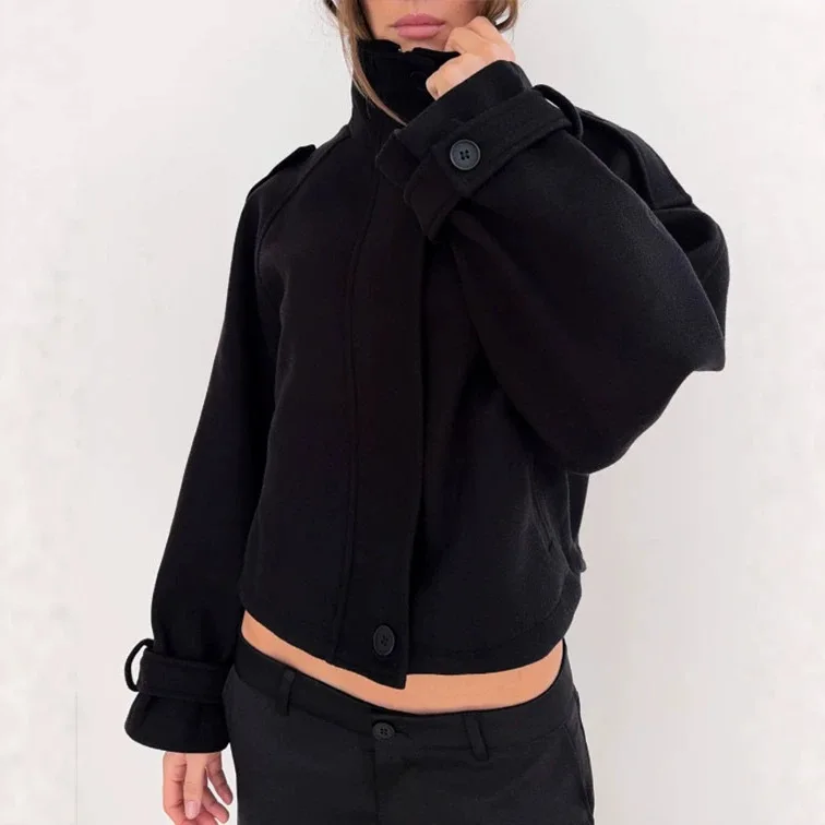 Black Stand Collar Cropped Jacket Women Minimalist Cleanfit Casual Streetwear Shoulder Tab Short Coat