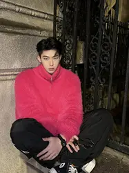 Pink Knitted High Collar Zipper Men's Soft Faux Fur Sweater Cleanfit Outerwear Casual Loose Fit Winter Long Sleeve Turtleneck