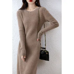 Elegant Cashmere Sweater Women Dresses 100% Merino Wool Fashion Knitted O-Neck Long Sleeve Dress Autumn Winter Casual Warm Skirt