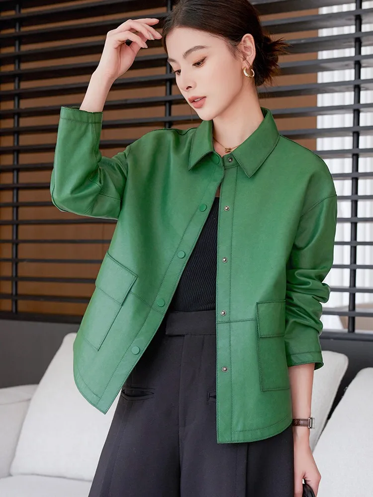 Giacca da donna in vera pelle monopetto casual manica lunga moda primavera autunno ufficio cappotto di pelle di pecora tinta unita