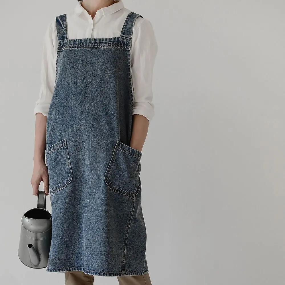 

Маслостойкий женский джинсовый фартук унисекс, элегантный кухонный фартук для приготовления пищи, мягкий фартук для чистки художника, цветочного магазина, домашняя кухня
