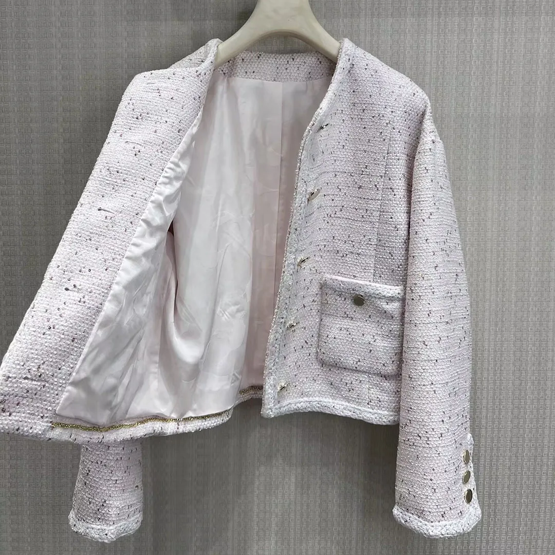 2026 New Vintage Pink Sequins Embroidery Tweed Coat Women O-neck Long Sleeve Pockets Single Breasted Sweet Loose Jacket