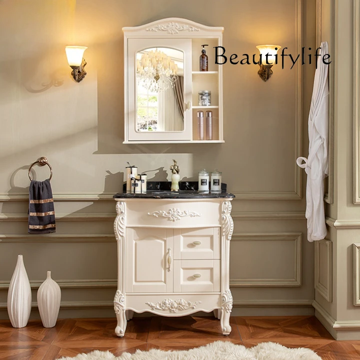 

European-style floor-to-ceiling solid wood bathroom cabinet combination bathroom, oak washstand, marble hand wash face basin