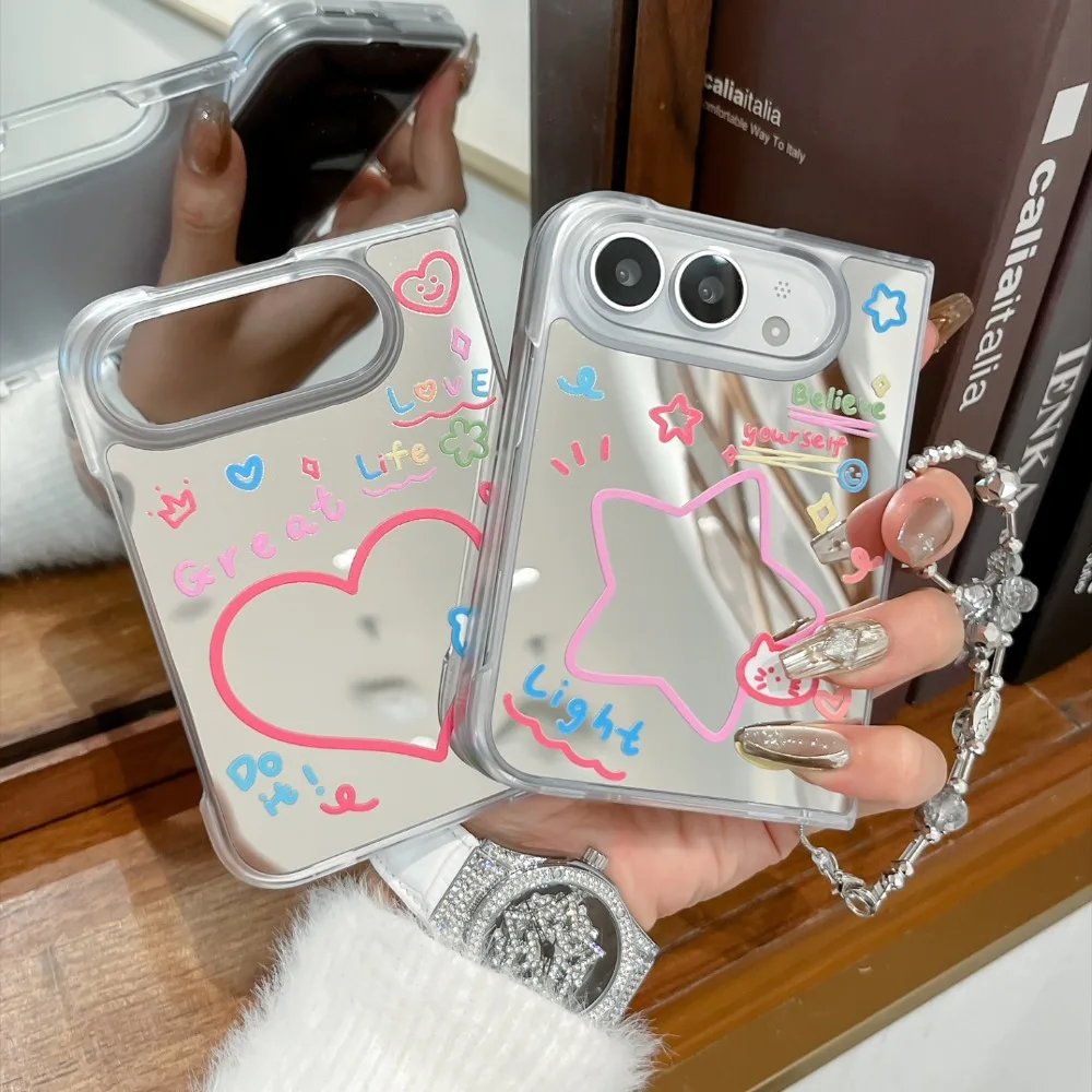 Cute Mirror Back with Wrist Strap Clear Phone Case for IPhone DUO  18 Fold PC+TPU Shockproof Anti Scratch Protective Cover - view 2