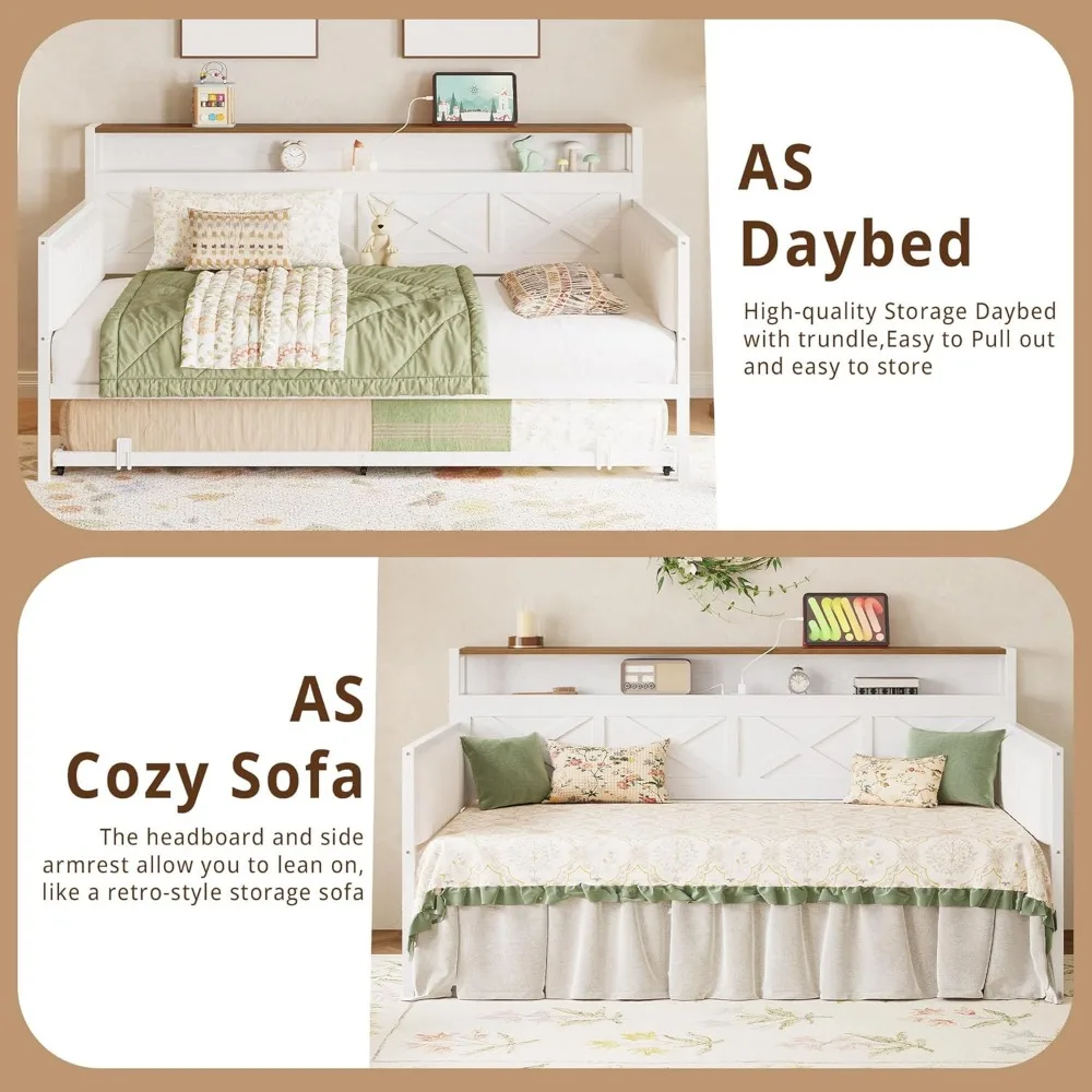 Sofá cama con nido, estructura de cama doble de metal resistente con estructura en forma de X, sofá cama tapizado de granja con estación de carga
