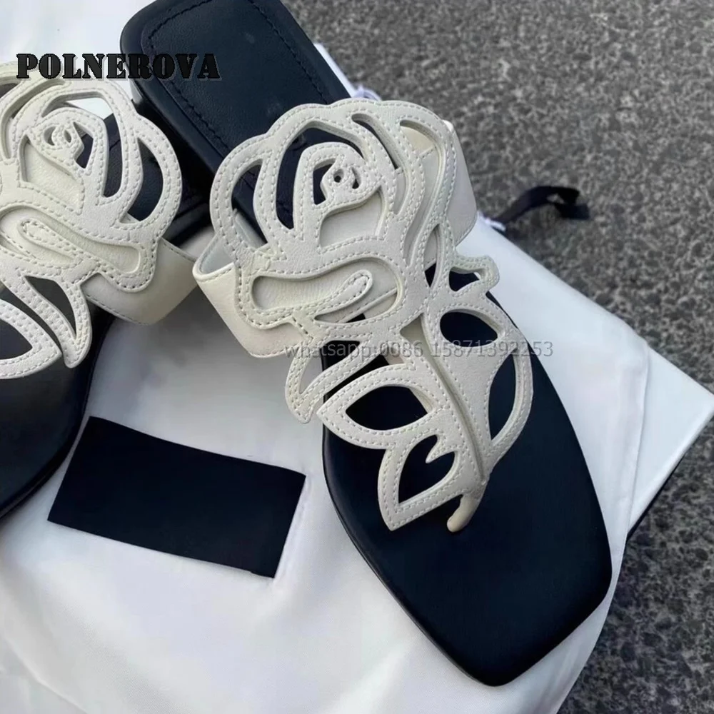 Rose Hollow Out Bicolor Slides Comfortable Vacation Shoes 2024 Summer Clip Toe Flat with Side Air Slip On Casual Women Slippers