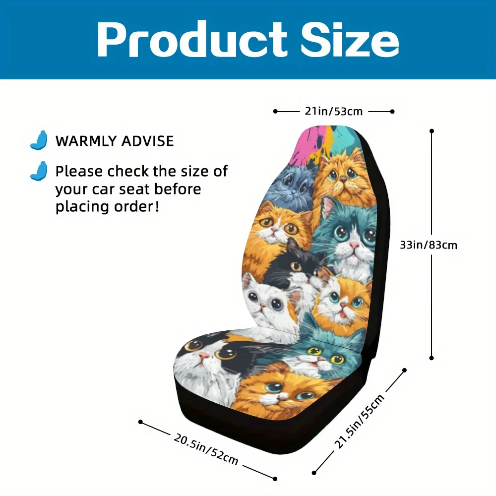 2pcs, Unique Colorful Cats Portrait Drawing Charming Pattern Car Seat Covers, Soft And All Season Use, Compatible With Cars, SUV