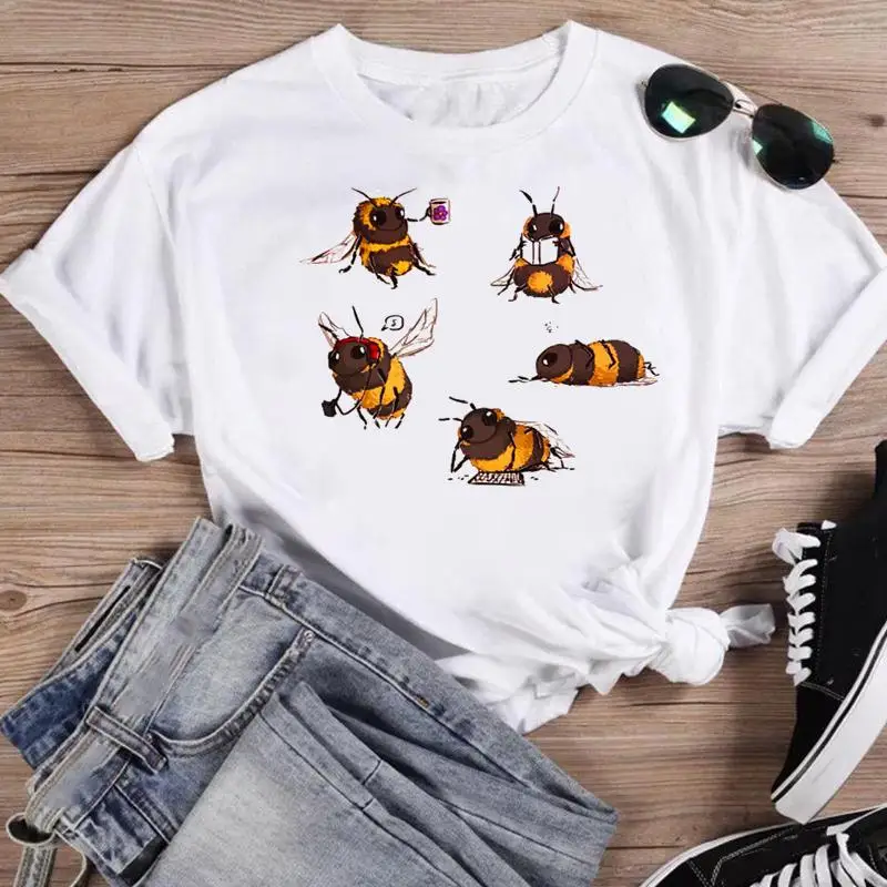 Women Print Bee Funny Clothing Cute Fashion Summer O-neck T-shirts Shirt Female Graphic T Top Short Sleeve Cartoon Tee T-Shirt